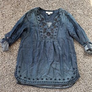Vintage Blue Denim Embroidered Peasant Top